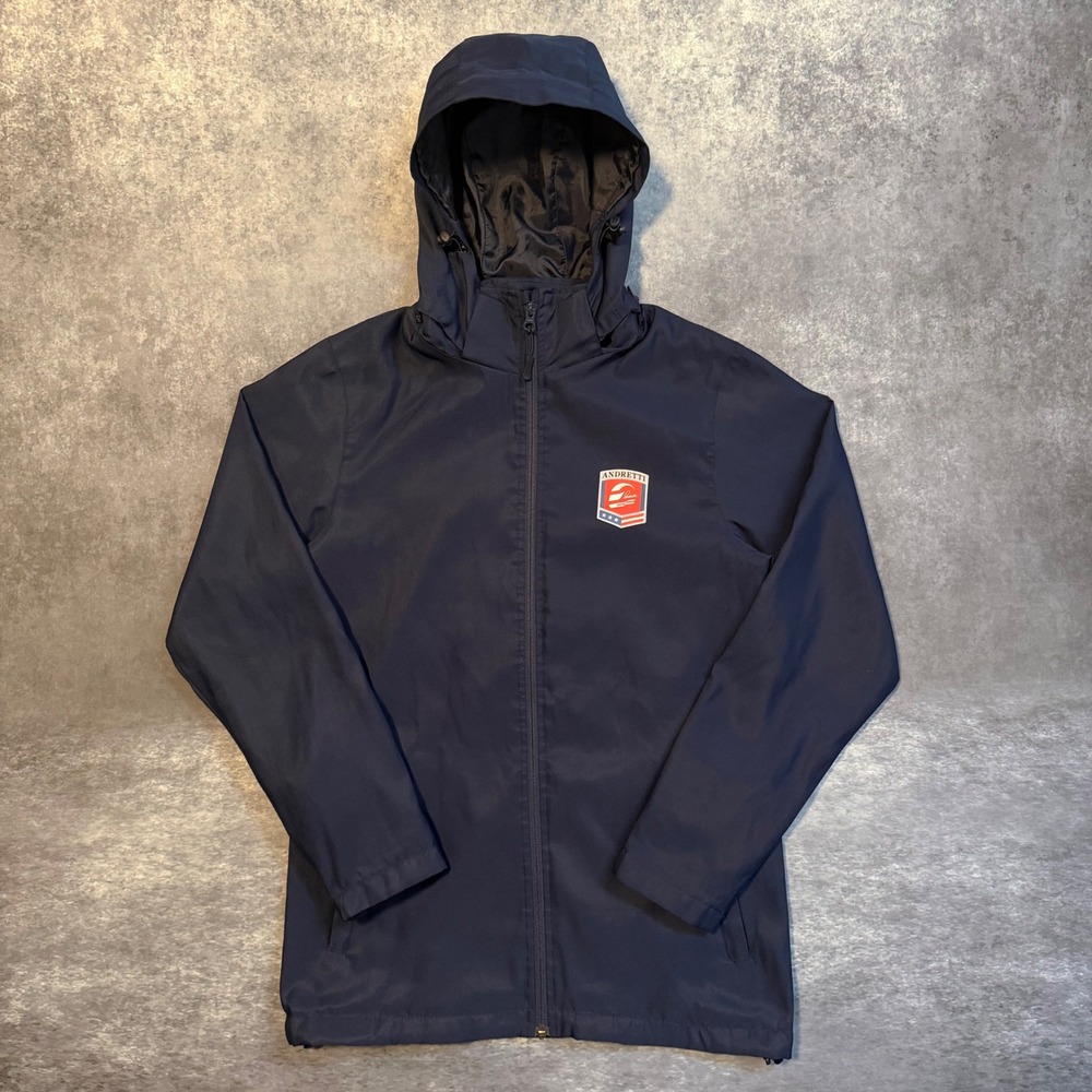 Andretti Racing Men's Small Navy Blue Windbreaker Jacket Full Zip Hooded Flawed